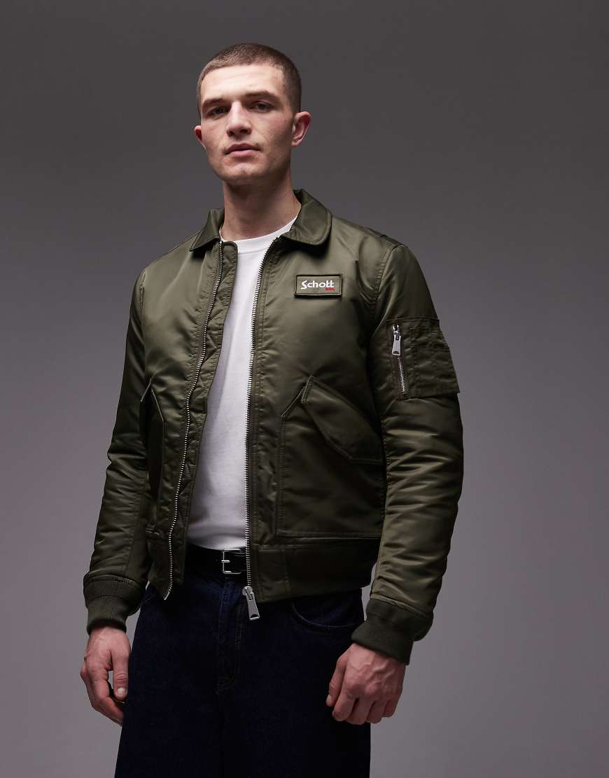 Schott - Wattierte Cropped-Jacke in Khaki mit Logo-Aufnäher und Reißverschlusstasche-Grün von Schott