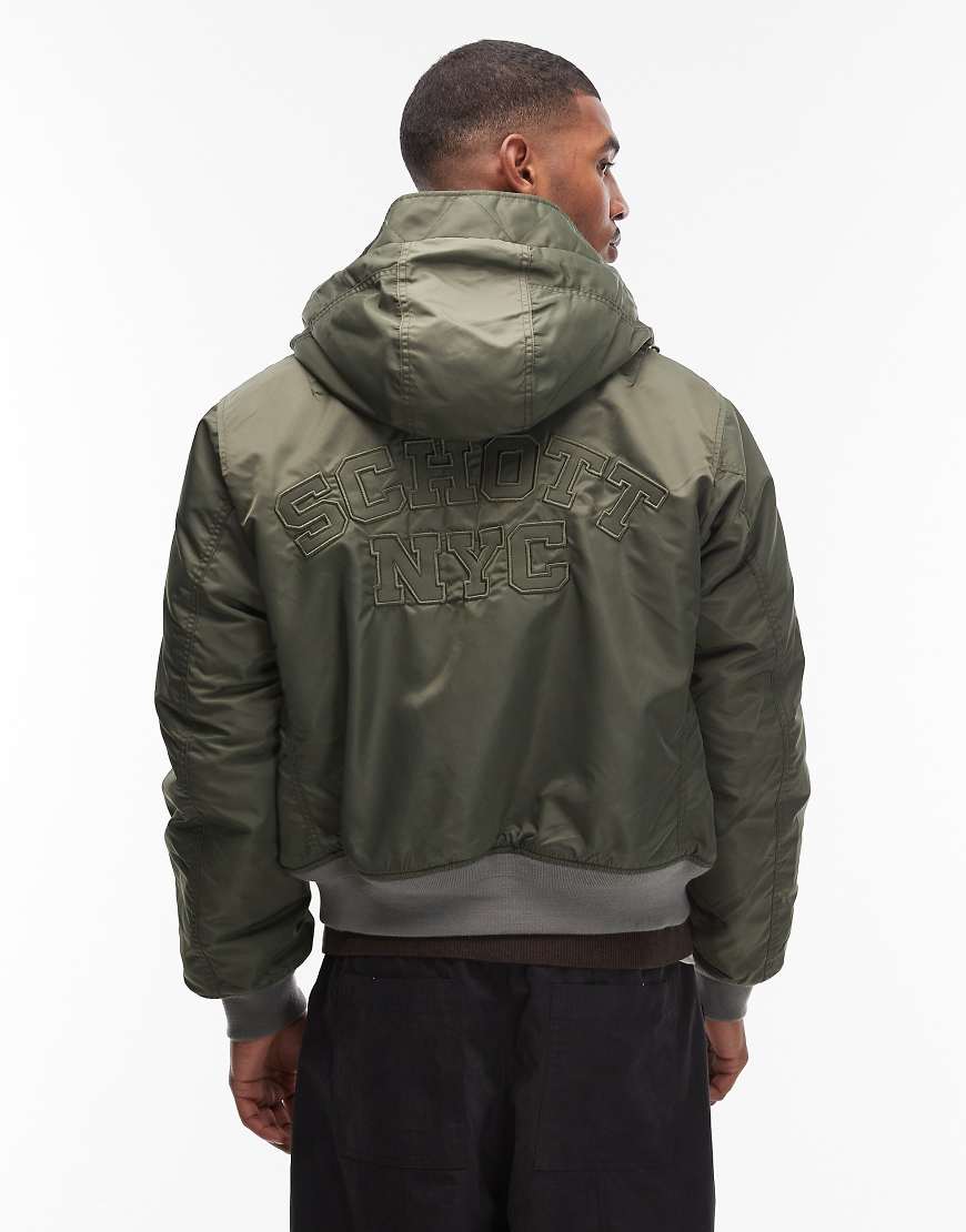 Schott - Wattierte Cropped-Jacke in US-Grün mit Kapuze und Ton-in-Ton-Logo-Marineblau von Schott