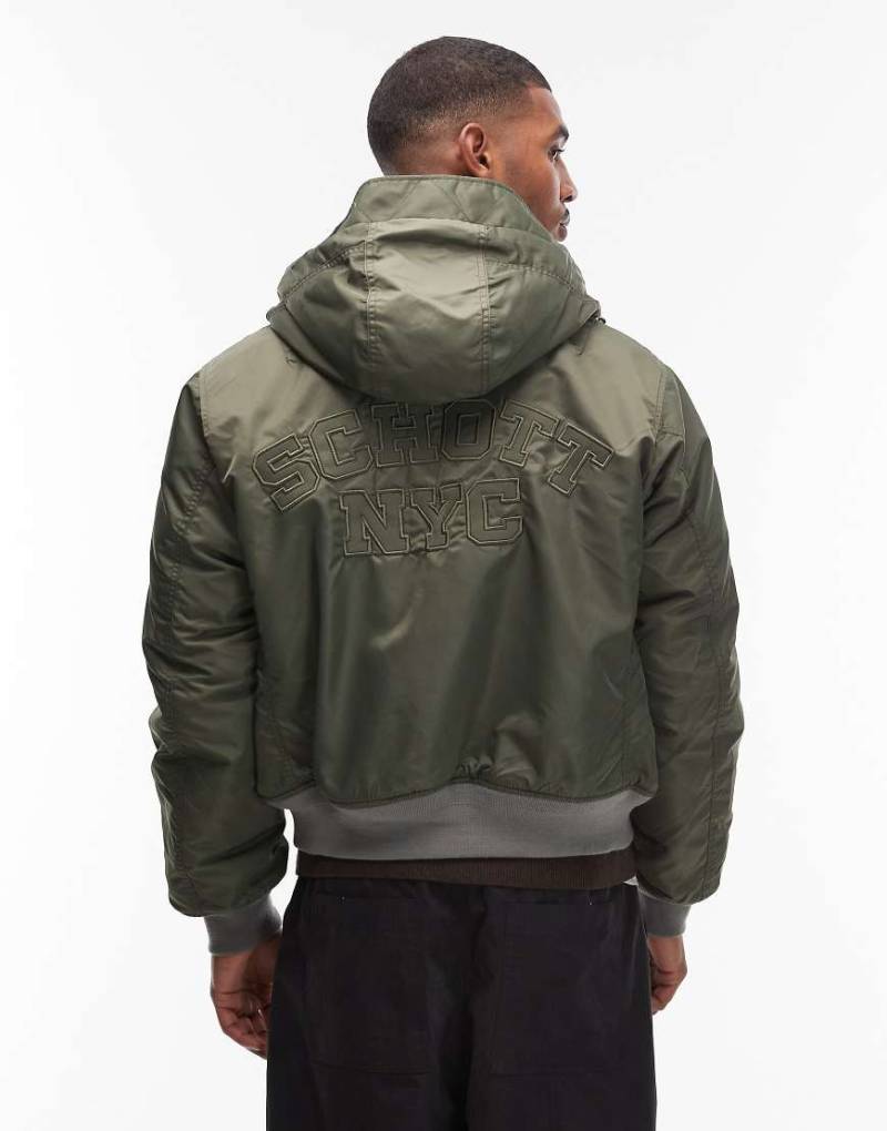 Schott - Wattierte Cropped-Jacke in US-Grün mit Kapuze und Ton-in-Ton-Logo-Marineblau von Schott