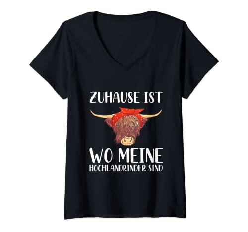 Damen Zuhause Ist Wo Meine Hochlandrinder Sind Kuh Landwirt T-Shirt mit V-Ausschnitt von Schottische Hochlandrinder Spruch Kleidung