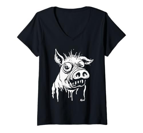 Damen Verrücktes lustiges Cartoon-Schwein mit großen Augen T-Shirt mit V-Ausschnitt von Schräge Tiere mit einem Hauch Zeichentrick-Witz