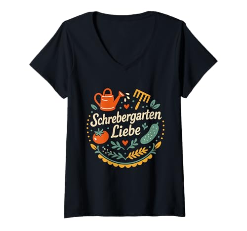 Damen Schrebergarten Liebe Retro Gießkanne Rechen Tomate Gurke pur T-Shirt mit V-Ausschnitt Damen Schrebergarten Liebe Retro Gießkanne Rechen Tomate Gurke pur T-Shirt mit V-Ausschnitt von Schrebergarten Liebe Studio für Gartenfreunde Club