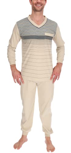 Schlafanzug Herren lang Baumwolle Shirt und Hose Pyjama Schlafkleidung Nachtwäsche Nachtanzug, Größe:M, Farbe:Beige von Schuerzenfabrik