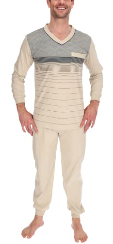 Schlafanzug Herren lang Shirt und Hose Schlafanzug Schlafkleidung Nachtwäsche Nachtanzug, Größe:XXXL, Farbe:Beige von Schuerzenfabrik