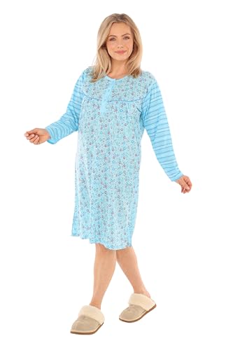 Schuerzenfabrik - Damen Nachthemd Streifen Langarm Sleepshirt Damen lang langärmlig Baumwoll-Mischung Größe XXL / 48, türkis von Schuerzenfabrik