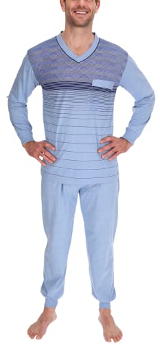 Schuerzenfabrik Herren-Pyjama lang Shirt und Hose Schlafanzug Schlafkleidung Nachtwäsche Nachtanzug, Größe:L, Farbe:Blau von Schuerzenfabrik