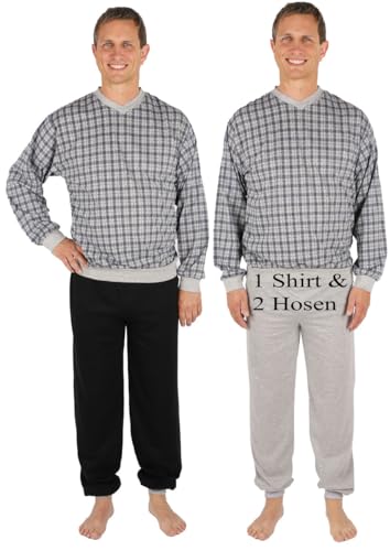 Schuerzenfabrik Pyjama Herren lang Shirt+2xHose Schlafanzug Schlafkleidung Nachtwäsche, Farbe:grau/schwarz, Größe:2XL von Schuerzenfabrik