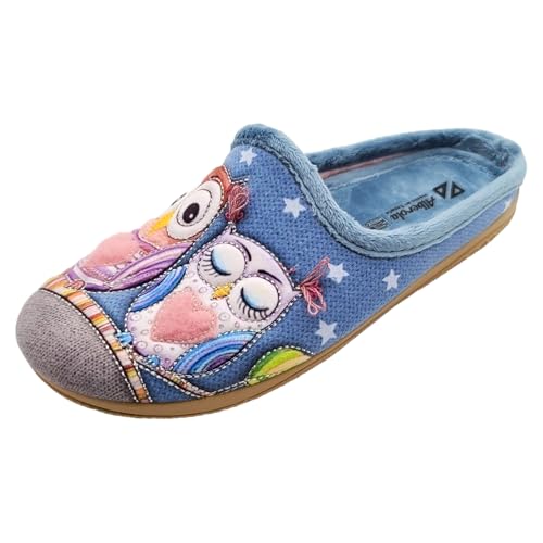 Schuhkönig ALBEROLA HAUSSCHUH/PANTOFFEL HELLE SOHLE 2 EULEN AUF ZWEIG X30510A (Türkis, EU Schuhgrößensystem, Erwachsene, Damen, Numerisch, M, 39) von Schuhkönig