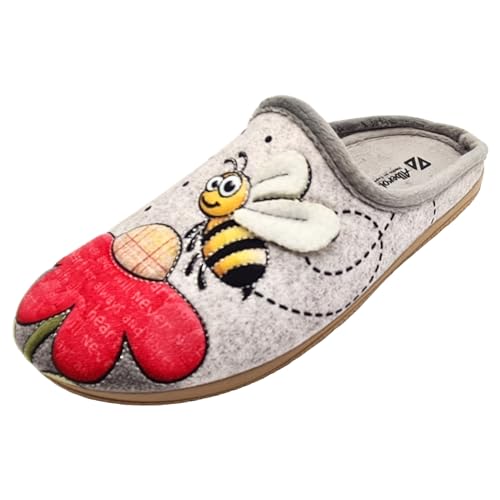 Schuhkönig ALBEROLA HAUSSCHUH/PANTOFFEL HELLE SOHLE BIENE UND BLUME X29501A (GRAU, EU Schuhgrößensystem, Erwachsene, Damen, Numerisch, M, 37) von Schuhkönig