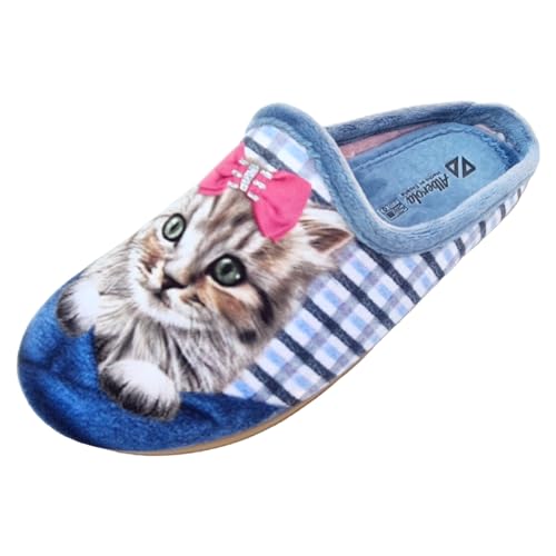 Schuhkönig ALBEROLA HAUSSCHUH/PANTOFFEL HELLE SOHLE KATZE BEIGE/PINKE SCHLEIFE X29267A (Blau, EU Schuhgrößensystem, Erwachsene, Damen, Numerisch, M, 39) von Schuhkönig