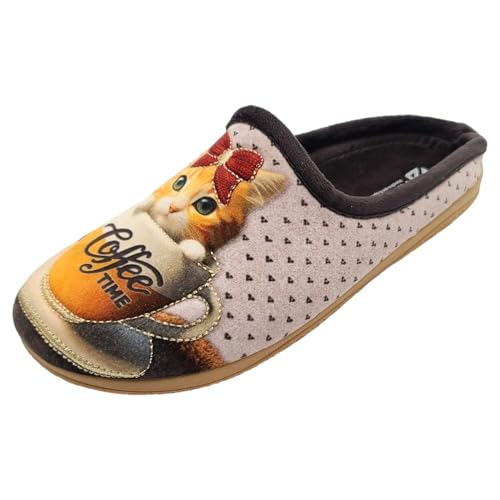 Schuhkönig ALBEROLA HAUSSCHUH/PANTOFFEL HELLE SOHLE KATZE Coffee Time X30469A (Braun, EU Schuhgrößensystem, Erwachsene, Damen, Numerisch, M, 42) von Schuhkönig
