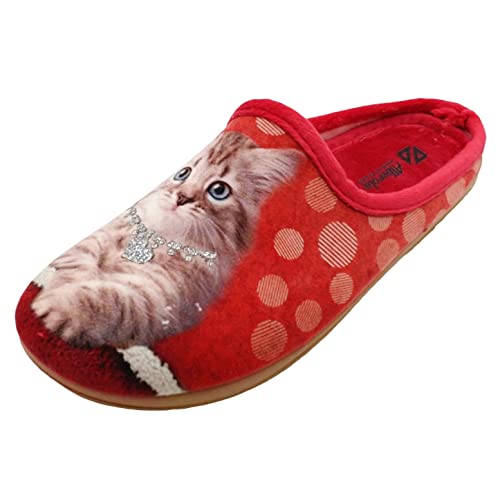 Schuhkönig ALBEROLA HAUSSCHUH/PANTOFFEL HELLE SOHLE KATZE MIT GLITZERKETTE ROT X27584A (eu_footwear_size_system, adult, women, numeric, medium, numeric_36) von Schuhkönig