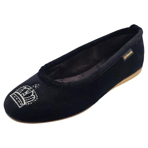 Schuhkönig ALBEROLA Hausschuh Ballerina HELLE Sohle SCHWARZ MIT Krone I9543A-2025 (Schwarz, EU Schuhgrößensystem, Erwachsene, Damen, Numerisch, M, 39) von Schuhkönig