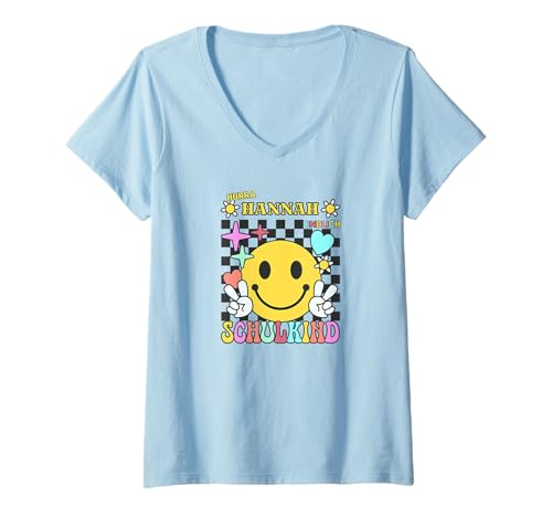 Damen Hannah Schulkind Smiley Einschulung personalisiert T-Shirt mit V-Ausschnitt von Schulanfang Schulkind Einschulung personalisiert