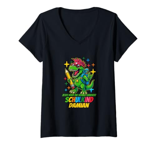 Damen Jetzt Wird die Schule gerockt. Schulkind Damian T-Shirt mit V-Ausschnitt von Schulanfang Schulkind Einschulung personalisiert