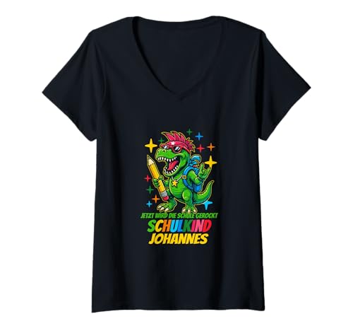 Damen Jetzt Wird die Schule gerockt. Schulkind Johannes T-Shirt mit V-Ausschnitt von Schulanfang Schulkind Einschulung personalisiert