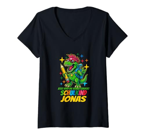 Damen Jetzt Wird die Schule gerockt. Schulkind Jonas T-Shirt mit V-Ausschnitt von Schulanfang Schulkind Einschulung personalisiert