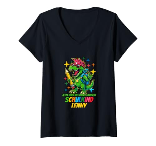 Damen Jetzt Wird die Schule gerockt. Schulkind Lenny T-Shirt mit V-Ausschnitt von Schulanfang Schulkind Einschulung personalisiert