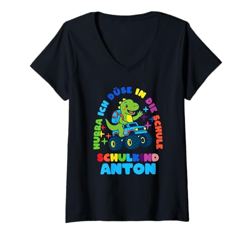 Damen Schulkind Einschulung Anton Dino personalisert T-Shirt mit V-Ausschnitt von Schulanfang Schulkind Einschulung personalisiert
