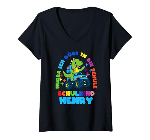 Damen Schulkind Einschulung Henry Dino personalisert T-Shirt mit V-Ausschnitt von Schulanfang Schulkind Einschulung personalisiert