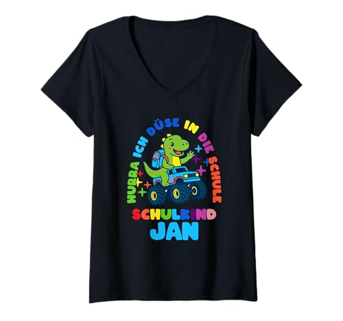 Damen Schulkind Einschulung Jan Dino personalisert T-Shirt mit V-Ausschnitt von Schulanfang Schulkind Einschulung personalisiert