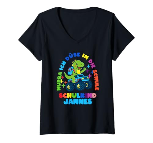 Damen Schulkind Einschulung Jannes Dino personalisert T-Shirt mit V-Ausschnitt von Schulanfang Schulkind Einschulung personalisiert