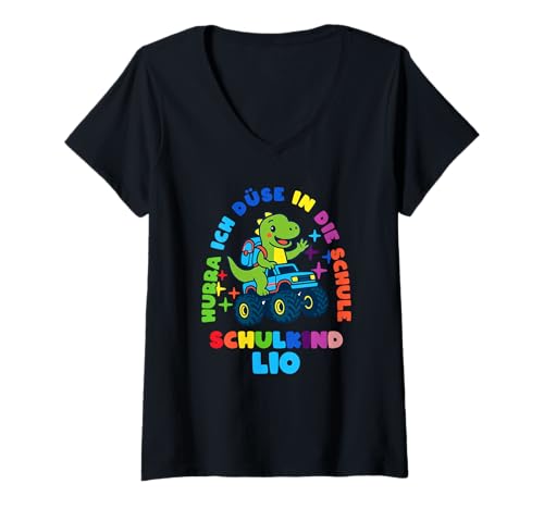 Damen Schulkind Einschulung Lio Dino personalisert T-Shirt mit V-Ausschnitt von Schulanfang Schulkind Einschulung personalisiert