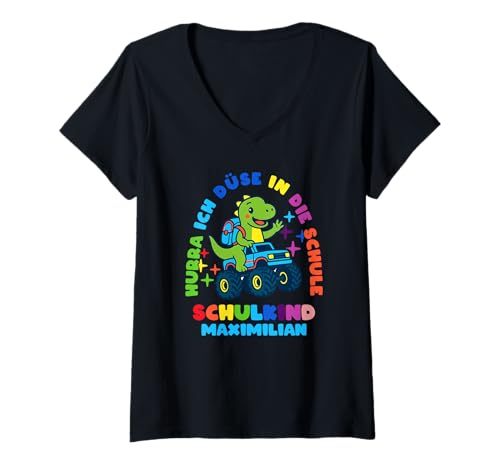 Damen Schulkind Einschulung Maximilian Dino personalisert T-Shirt mit V-Ausschnitt von Schulanfang Schulkind Einschulung personalisiert