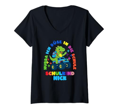 Damen Schulkind Einschulung Nick Dino personalisert T-Shirt mit V-Ausschnitt von Schulanfang Schulkind Einschulung personalisiert