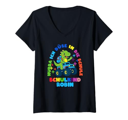 Damen Schulkind Einschulung Robin Dino personalisert T-Shirt mit V-Ausschnitt von Schulanfang Schulkind Einschulung personalisiert