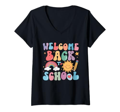 Damen Schulanfang Tshirt Kinder Schüler Schule Lehrer Teacher T-Shirt mit V-Ausschnitt von Schulanfang Tshirt Herren Damen Schule Schüler