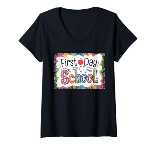 Damen Schulanfang Tshirt Kinder Schüler Schule Lehrer Teacher T-Shirt mit V-Ausschnitt von Schulanfang Tshirt Herren Damen Schule Schüler