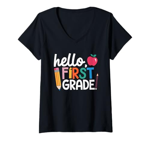 Damen Schulanfang Tshirt Kinder Schüler Schule Lehrer Teacher T-Shirt mit V-Ausschnitt von Schulanfang Tshirt Herren Damen Schule Schüler