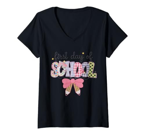 Damen Schulanfang Tshirt Kinder Schüler Schule Lehrer Teacher T-Shirt mit V-Ausschnitt von Schulanfang Tshirt Herren Damen Schule Schüler