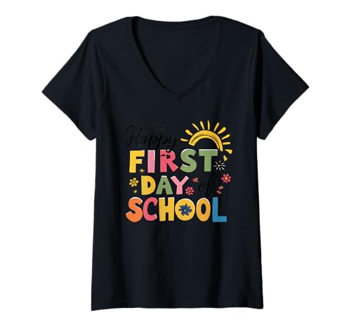 Damen Schulanfang Tshirt Kinder Schüler Schule Lehrer Teacher T-Shirt mit V-Ausschnitt von Schulanfang Tshirt Herren Damen Schule Schüler