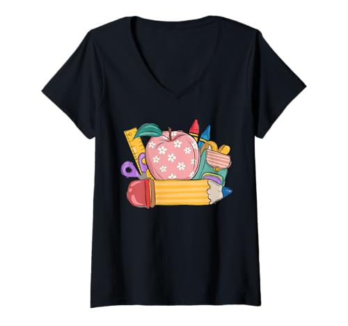 Damen Schulanfang Tshirt Kinder Schüler Schule Lehrer Teacher T-Shirt mit V-Ausschnitt von Schulanfang Tshirt Herren Damen Schule Schüler