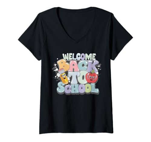 Damen Schulanfang Tshirt Kinder Schüler Schule Lehrer Teacher T-Shirt mit V-Ausschnitt von Schulanfang Tshirt Herren Damen Schule Schüler
