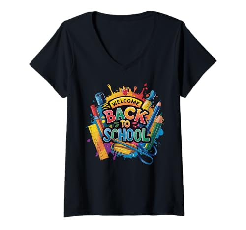 Damen Schulanfang Tshirt Kinder Schüler Schule Lehrer Teacher T-Shirt mit V-Ausschnitt von Schulanfang Tshirt Herren Damen Schule Schüler