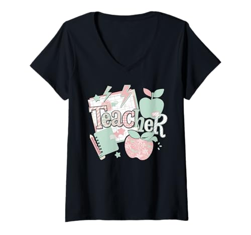 Damen Schulanfang Tshirt Kinder Schüler Schule Lehrer Teacher T-Shirt mit V-Ausschnitt von Schulanfang Tshirt Herren Damen Schule Schüler