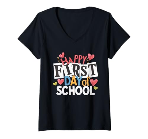 Damen Schulanfang Tshirt Kinder Schüler Schule Lehrer Teacher T-Shirt mit V-Ausschnitt von Schulanfang Tshirt Herren Damen Schule Schüler