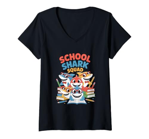 Damen School Shark Squad Einschulung Schulanfang Team Haie T-Shirt mit V-Ausschnitt Damen School Shark Squad Einschulung Schulanfang Team Haie T-Shirt mit V-Ausschnitt von Schule Hai Team Einschulung Schulanfang Kinder