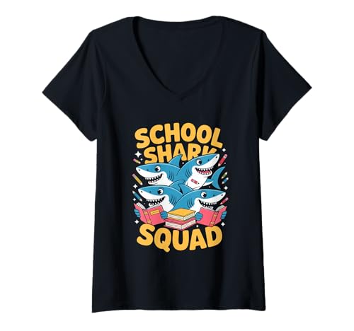 Damen School Shark Squad Schule Hai Team Lesen Lernen T-Shirt mit V-Ausschnitt Damen School Shark Squad Schule Hai Team Lesen Lernen T-Shirt mit V-Ausschnitt von Schule Hai Team Lesen Lernen Kinder Klasse