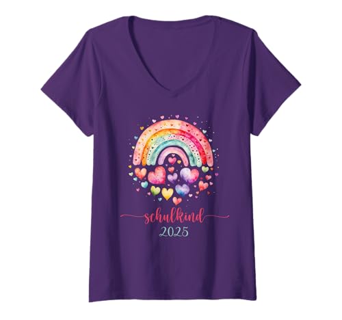 Damen Schulkind 2025 Mädchen Deko Regenbogen Einschulung 2025 T-Shirt mit V-Ausschnitt von Schulkind Crew