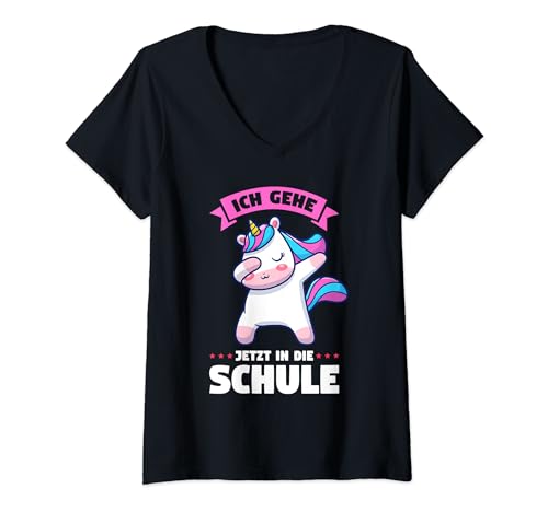 Damen Schulkind Schulanfang Schulanfänger Schultüte T-Shirt mit V-Ausschnitt von Schulkind & Einhorn Geschenk