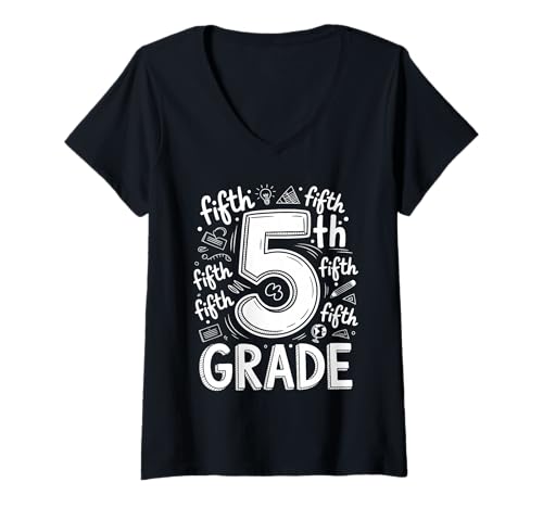 Damen Chalkboard 5th Grade Doodle Typography 5th Grade Fünfte T-Shirt mit V-Ausschnitt Damen Chalkboard 5th Grade Doodle Typography 5th Grade Fünfte T-Shirt mit V-Ausschnitt von Schulstart Schüler Lehrer Doodle Fünfte Klasse