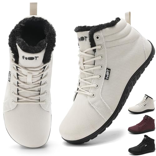Schuvox Barfußschuhe Stiefel Sneaker Breite Walking Schuhe Barfuss Damen Herren Herbst Winter Trail Minimalistische Warm Gefüttert Zero Drop Solhe Fitness Weit Rutschfest Wasserabweisend Khaki 37EU von Schuvox