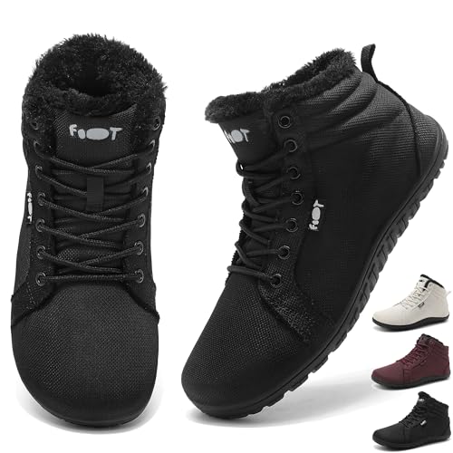 Schuvox Barfußschuhe Stiefel Sneaker Breite Walking Schuhe Barfuss Damen Herren Herbst Winter Trail Minimalistische Warm Gefüttert Zero Drop Solhe Fitness Weit Rutschfest Wasserabweisend Schwarz 41EU von Schuvox