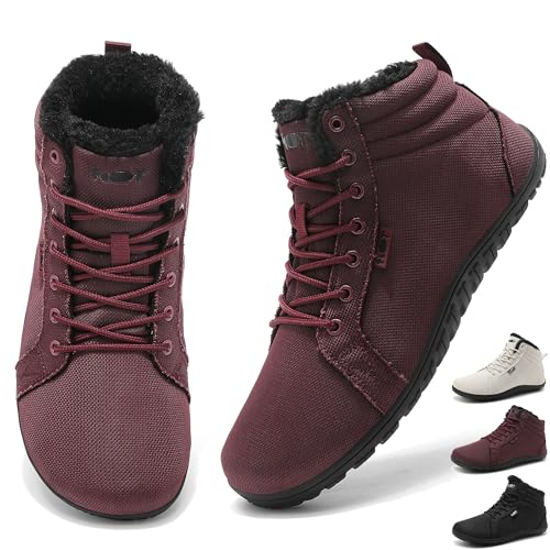 Schuvox Barfußschuhe Stiefel Sneaker Breite Walking Schuhe Barfuss Damen Herren Herbst Winter Trail Minimalistische Warm Gefüttert Zero Drop Solhe Fitness Weit Rutschfest Wasserabweisend Weinrot 41EU von Schuvox
