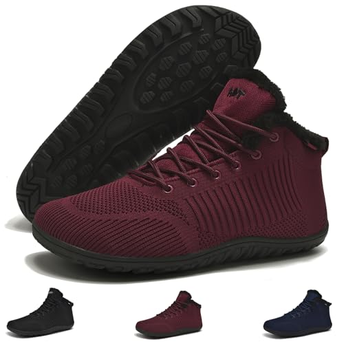 Schuvox Barfußschuhe Winter Damen Herren Winterschuhe Barfuss Schuhe Herbst Gefüttert Warm Winter Sneaker Barfussschuhe Damenschuhe Bequem Rutschfest Winterboots Weinrot 41 von Schuvox