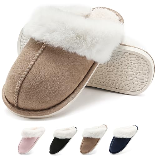 Schuvox Hausschuhe Plüsch Gefüttert Damen Herren Warm Pantoffeln Weiche Herbst Winterschuhe Slippers Bequem Memory Foam Rutschfeste Unisex Braun 40/41EU von Schuvox
